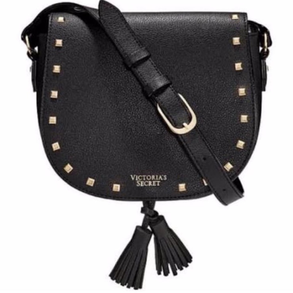 Victoria’s Secret Gold Studded Black Crossbody Tassel Bag Adjustable Strap